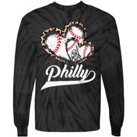 Vintage Philly Baseball Leopard Heart Baseball Fans Tie-Dye Long Sleeve Shirt