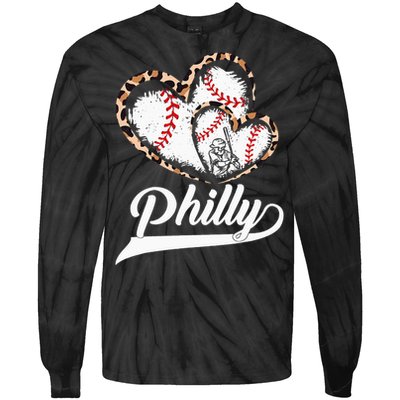 Vintage Philly Baseball Leopard Heart Baseball Fans Tie-Dye Long Sleeve Shirt