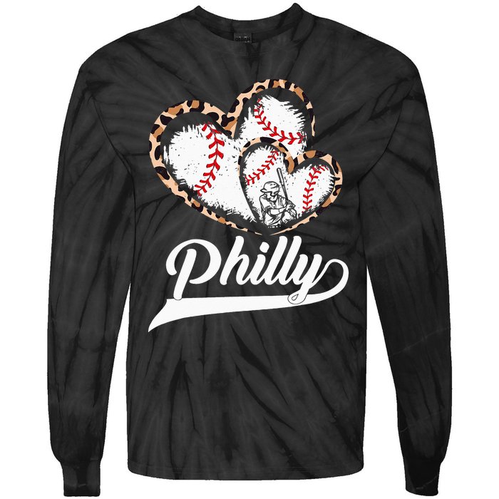 Vintage Philly Baseball Leopard Heart Baseball Fans Tie-Dye Long Sleeve Shirt