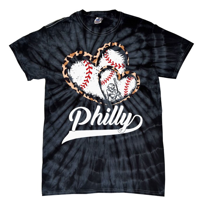 Vintage Philly Baseball Leopard Heart Baseball Fans Tie-Dye T-Shirt