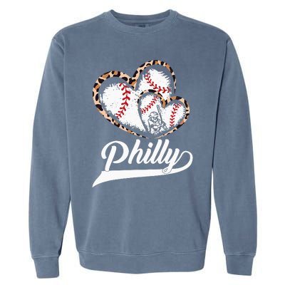 Vintage Philly Baseball Leopard Heart Baseball Fans Garment-Dyed Sweatshirt