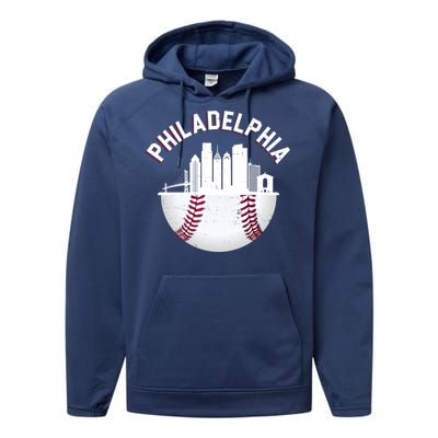 Vintage Philadelphia Baseball Retro Skyline Performance Fleece Hoodie