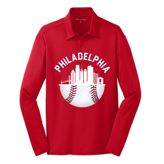 Vintage Philadelphia Baseball Retro Skyline Silk Touch Performance Long Sleeve Polo