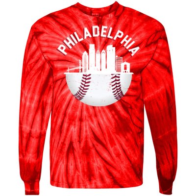 Vintage Philadelphia Baseball Retro Skyline Tie-Dye Long Sleeve Shirt