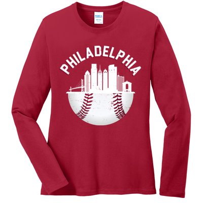 Vintage Philadelphia Baseball Retro Skyline Ladies Long Sleeve Shirt