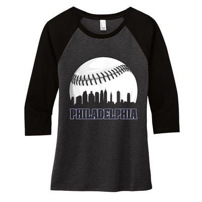 Vintage Philadelphia Baseball Skyline Retro Philly Cityscap Women's Tri-Blend 3/4-Sleeve Raglan Shirt