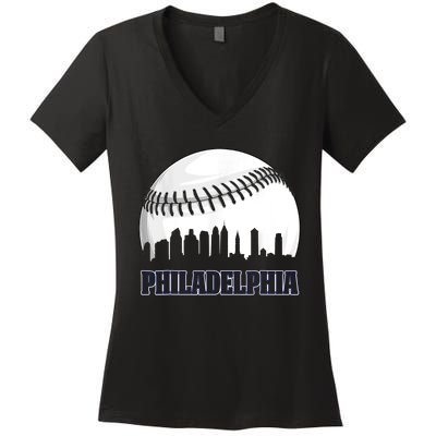 Vintage Philadelphia Baseball Skyline Retro Philly Cityscap Women's V-Neck T-Shirt