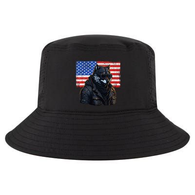 Vintage Patriotic Biker Wolf Shades Rustic American Flag USA Cool Comfort Performance Bucket Hat