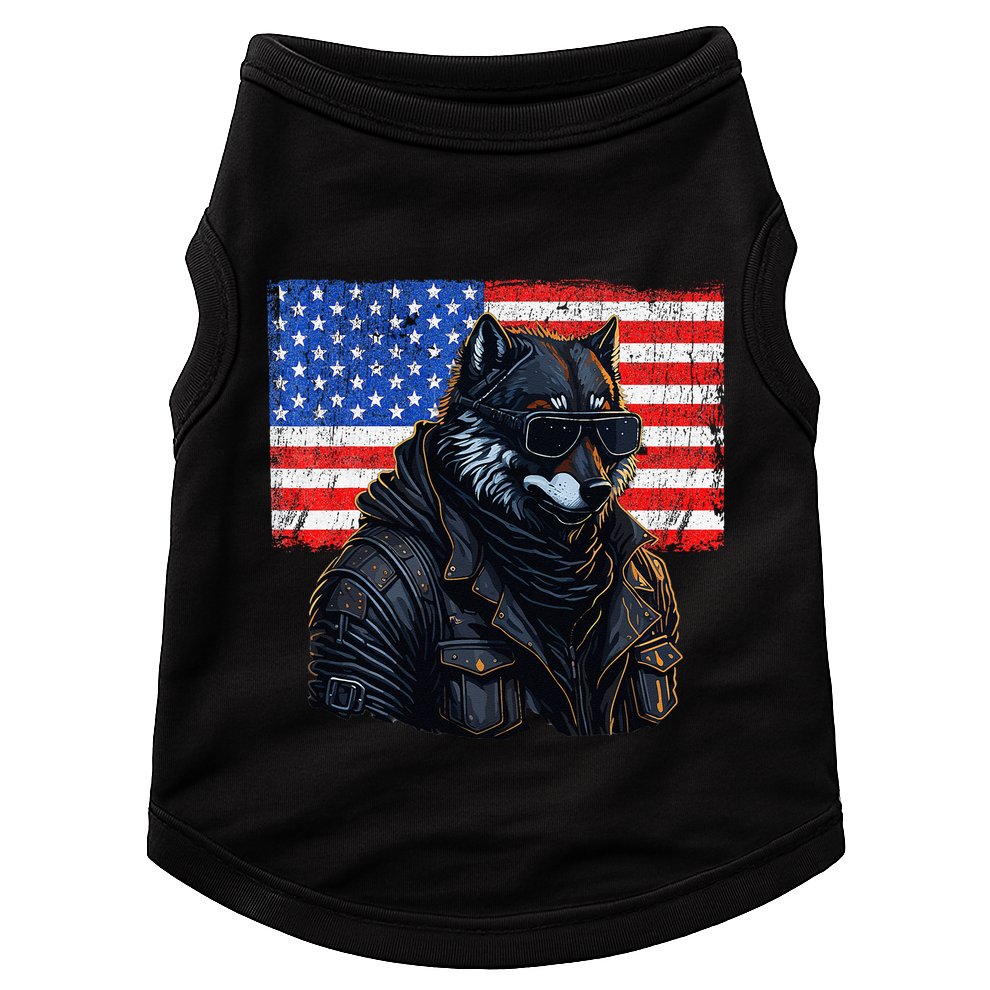 Vintage Patriotic Biker Wolf Shades Rustic American Flag USA Doggie Tank