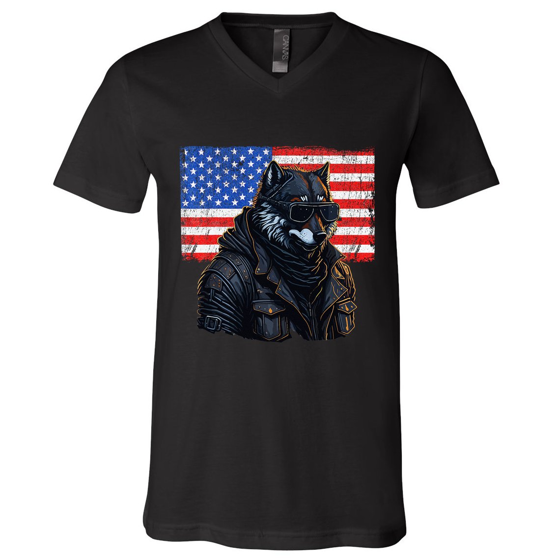 Vintage Patriotic Biker Wolf Shades Rustic American Flag USA V-Neck T-Shirt