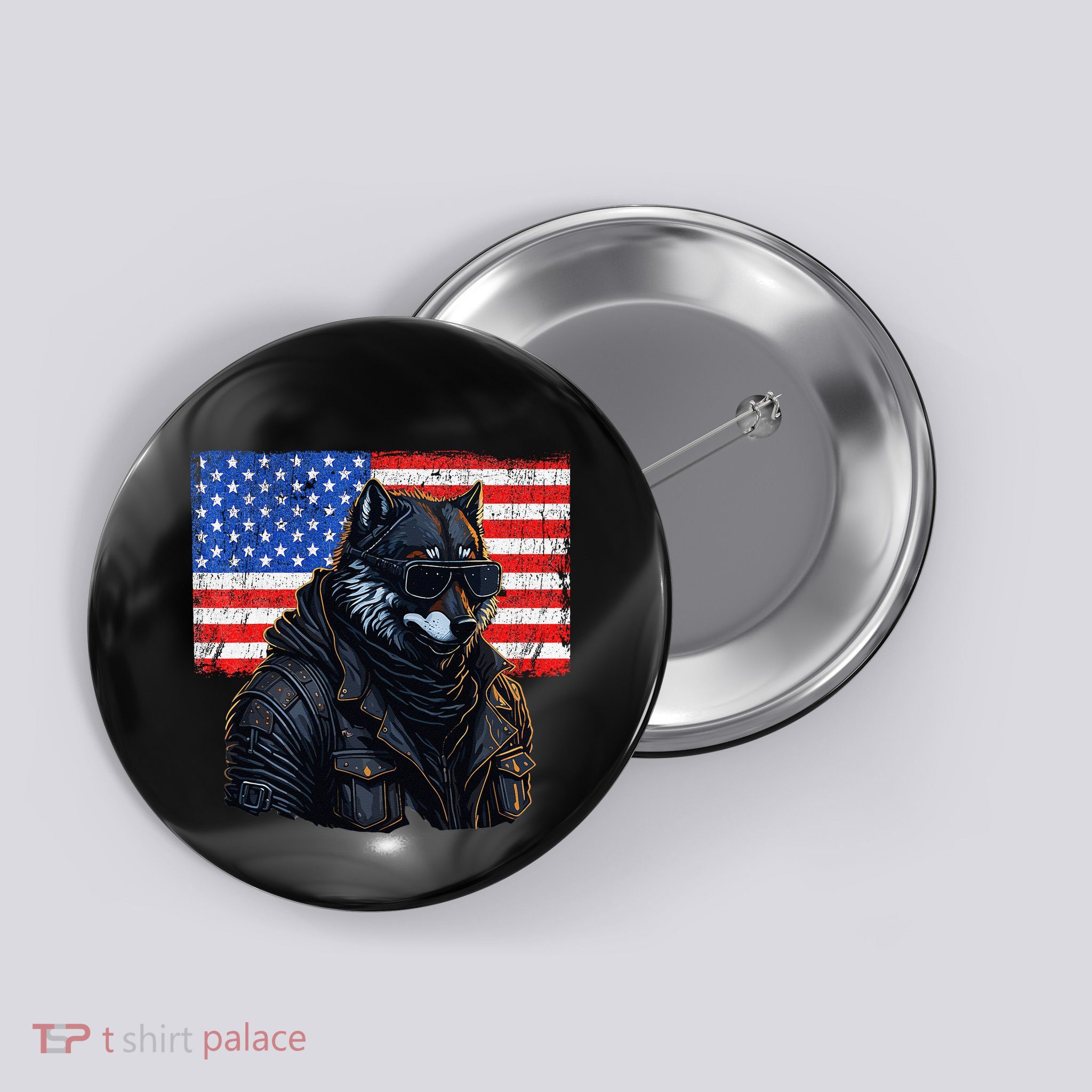 Vintage Patriotic Biker Wolf Shades Rustic American Flag USA Button