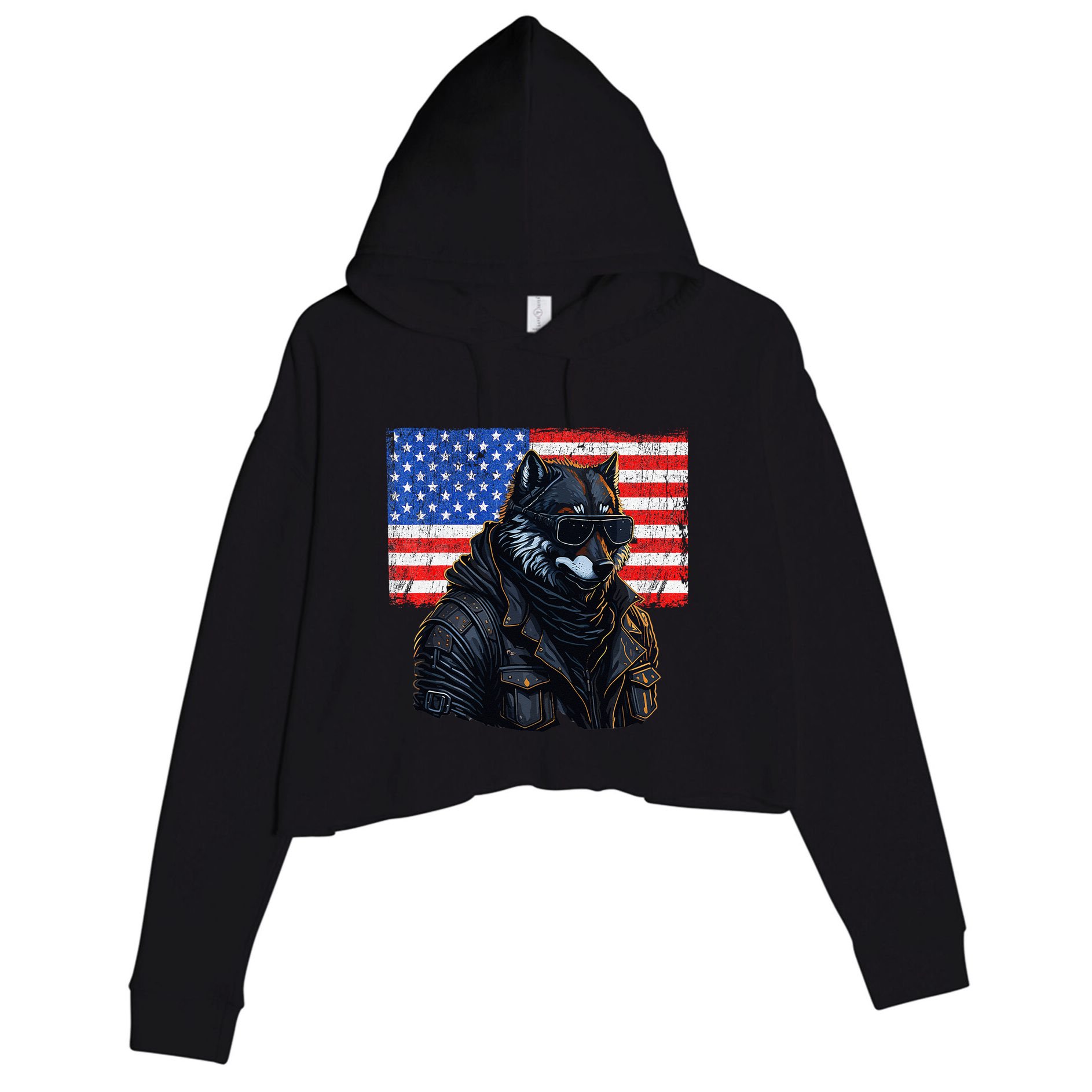 Vintage Patriotic Biker Wolf Shades Rustic American Flag USA Crop Fleece Hoodie