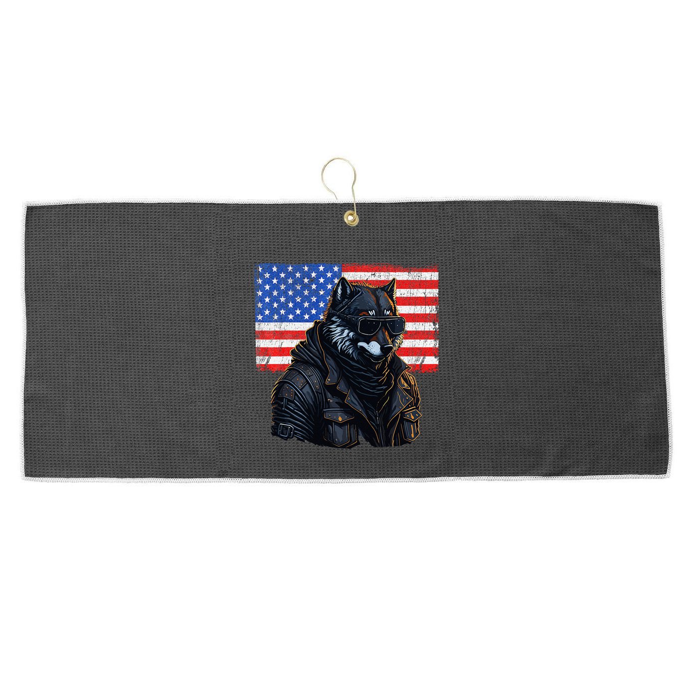 Vintage Patriotic Biker Wolf Shades Rustic American Flag USA Large Microfiber Waffle Golf Towel