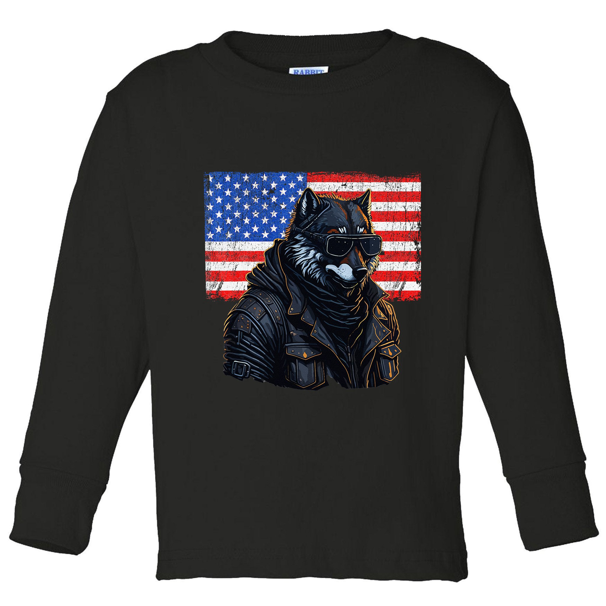 Vintage Patriotic Biker Wolf Shades Rustic American Flag USA Toddler Long Sleeve Shirt