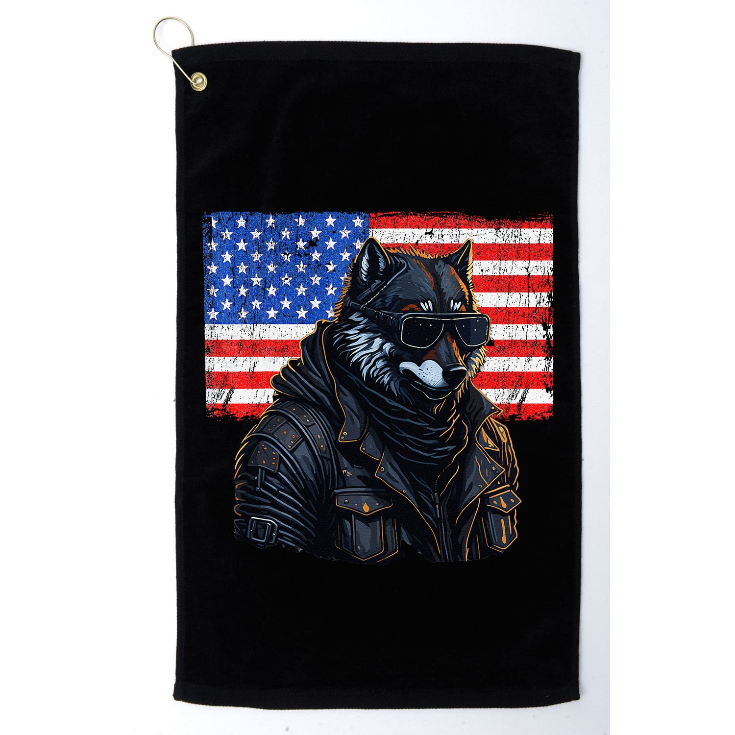 Vintage Patriotic Biker Wolf Shades Rustic American Flag USA Golf Towel