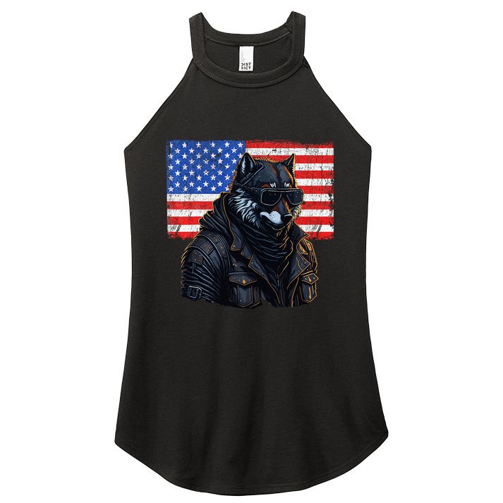Vintage Patriotic Biker Wolf Shades Rustic American Flag USA Women's Perfect Tri Rocker Tank