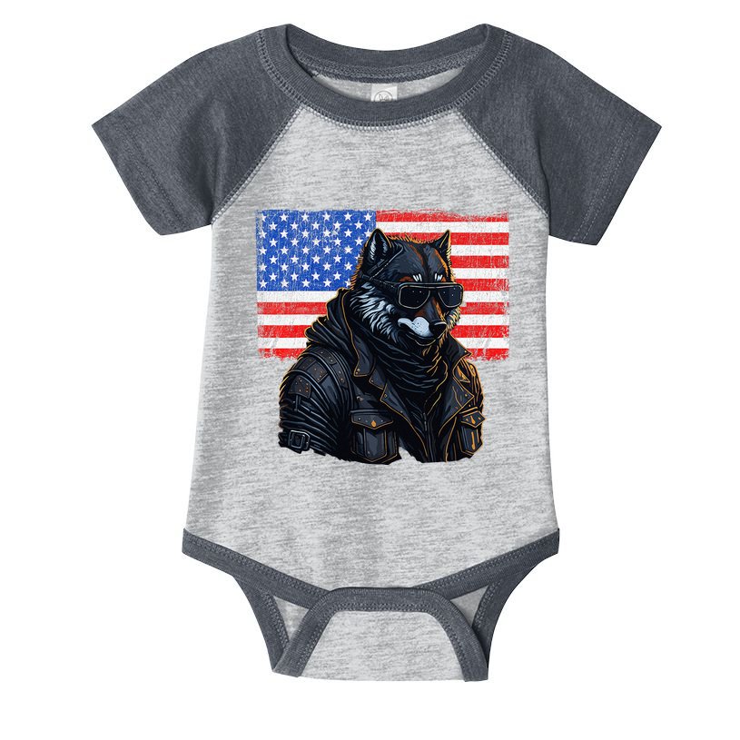 Vintage Patriotic Biker Wolf Shades Rustic American Flag USA Infant Baby Jersey Bodysuit