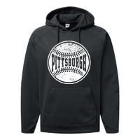 Vintage Pittsburgh Cityscape Baseball Lover Player And Fans Performance Fleece Hoodie