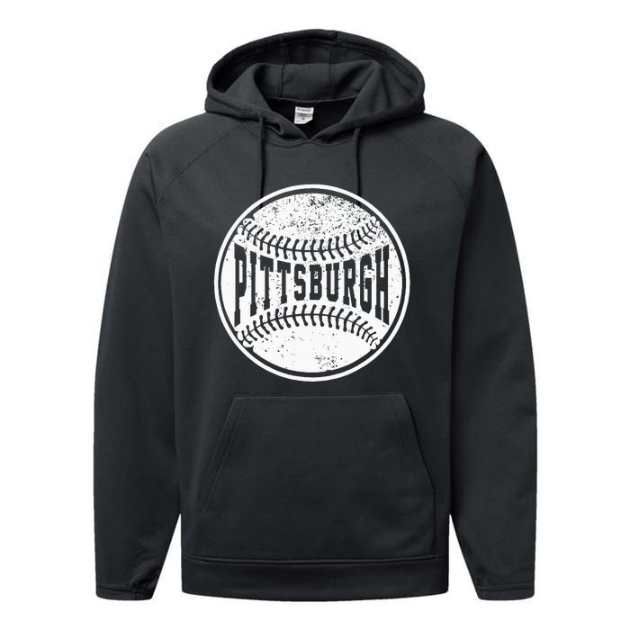 Vintage Pittsburgh Cityscape Baseball Lover Player And Fans Performance Fleece Hoodie