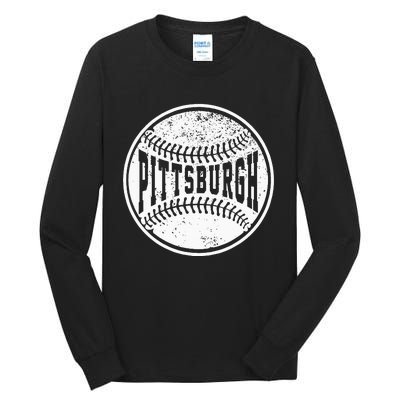 Vintage Pittsburgh Cityscape Baseball Lover Player And Fans Tall Long Sleeve T-Shirt