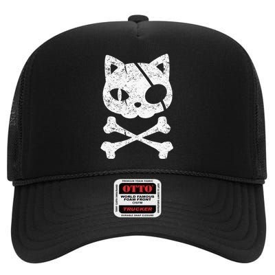 Vintage Pirate Cat Kitten Halloween Skull Cross Bones High Crown Mesh Back Trucker Hat