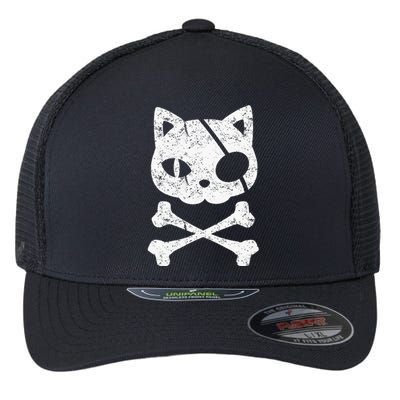 Vintage Pirate Cat Kitten Halloween Skull Cross Bones Flexfit Unipanel Trucker Cap