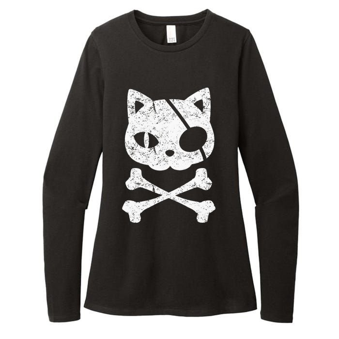 Vintage Pirate Cat Kitten Halloween Skull Cross Bones Womens CVC Long Sleeve Shirt