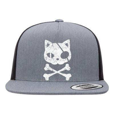 Vintage Pirate Cat Kitten Halloween Skull Cross Bones Flat Bill Trucker Hat