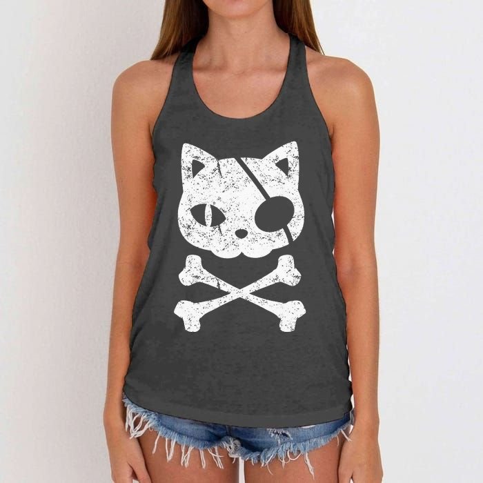 Vintage Pirate Cat Kitten Halloween Skull Cross Bones Women's Knotted Racerback Tank