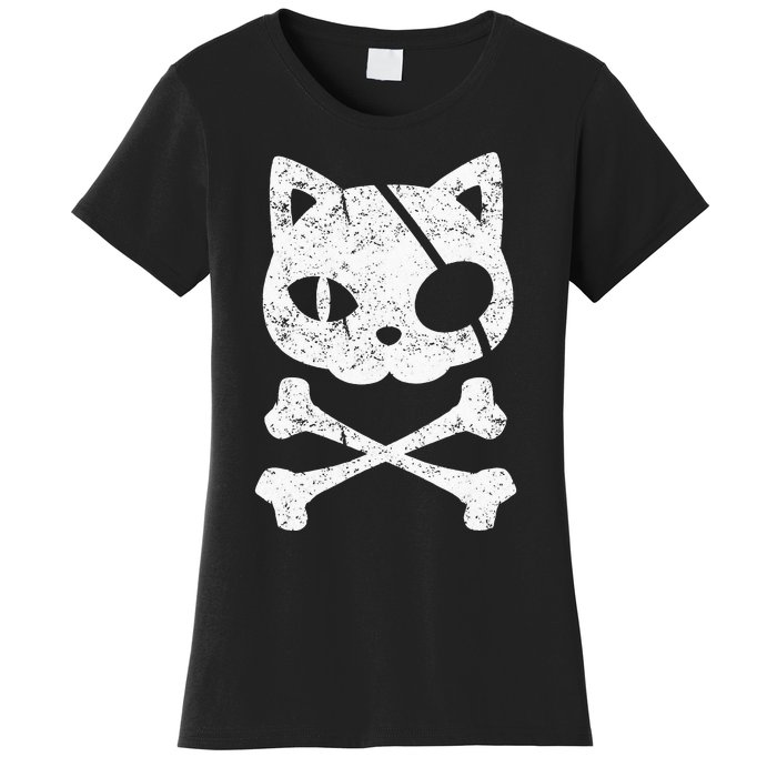 Vintage Pirate Cat Kitten Halloween Skull Cross Bones Women's T-Shirt