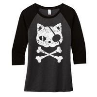 Vintage Pirate Cat Kitten Halloween Skull Cross Bones Women's Tri-Blend 3/4-Sleeve Raglan Shirt