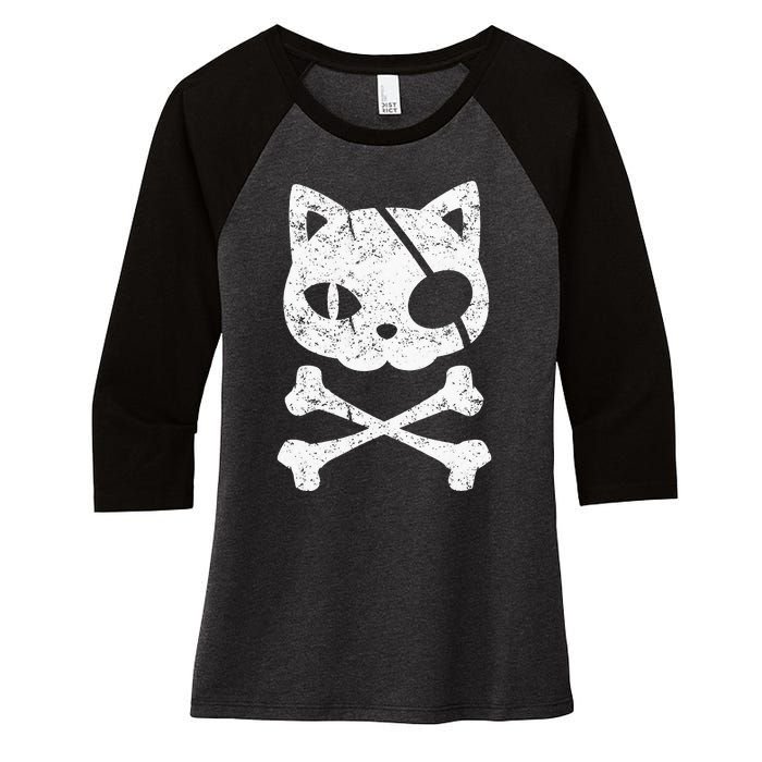 Vintage Pirate Cat Kitten Halloween Skull Cross Bones Women's Tri-Blend 3/4-Sleeve Raglan Shirt