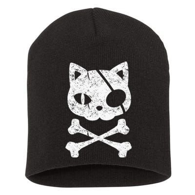 Vintage Pirate Cat Kitten Halloween Skull Cross Bones Short Acrylic Beanie