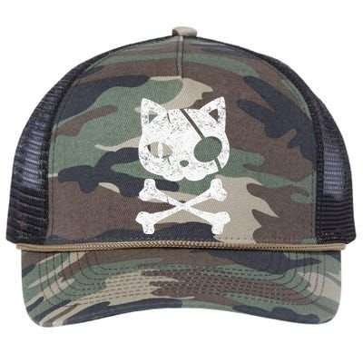 Vintage Pirate Cat Kitten Halloween Skull Cross Bones Retro Rope Trucker Hat Cap