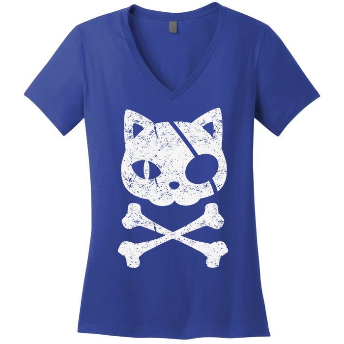 Vintage Pirate Cat Kitten Halloween Skull Cross Bones Women's V-Neck T-Shirt