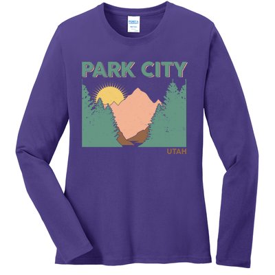 Vintage Park City Utah Mountain Forest Ladies Long Sleeve Shirt