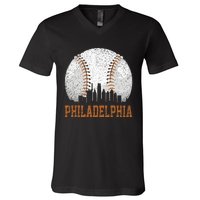 Vintage Philadelphia Cityscape Baseball Lover Player Fans V-Neck T-Shirt