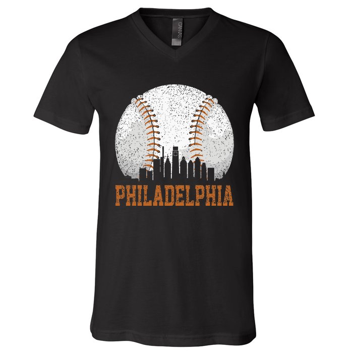 Vintage Philadelphia Cityscape Baseball Lover Player Fans V-Neck T-Shirt