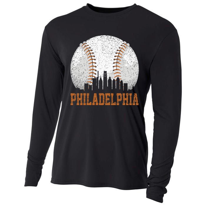 Vintage Philadelphia Cityscape Baseball Lover Player Fans Cooling Performance Long Sleeve Crew