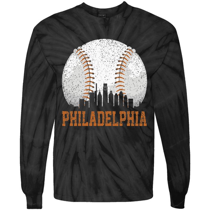 Vintage Philadelphia Cityscape Baseball Lover Player Fans Tie-Dye Long Sleeve Shirt