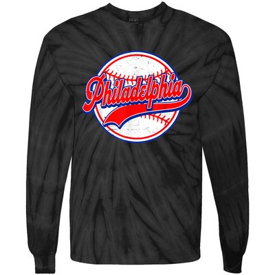 Vintage Philadelphia Cityscape Baseball Lover Wos Tie-Dye Long Sleeve Shirt