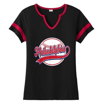 Vintage Philadelphia Cityscape Baseball Lover Player Fans Ladies Halftime Notch Neck Tee