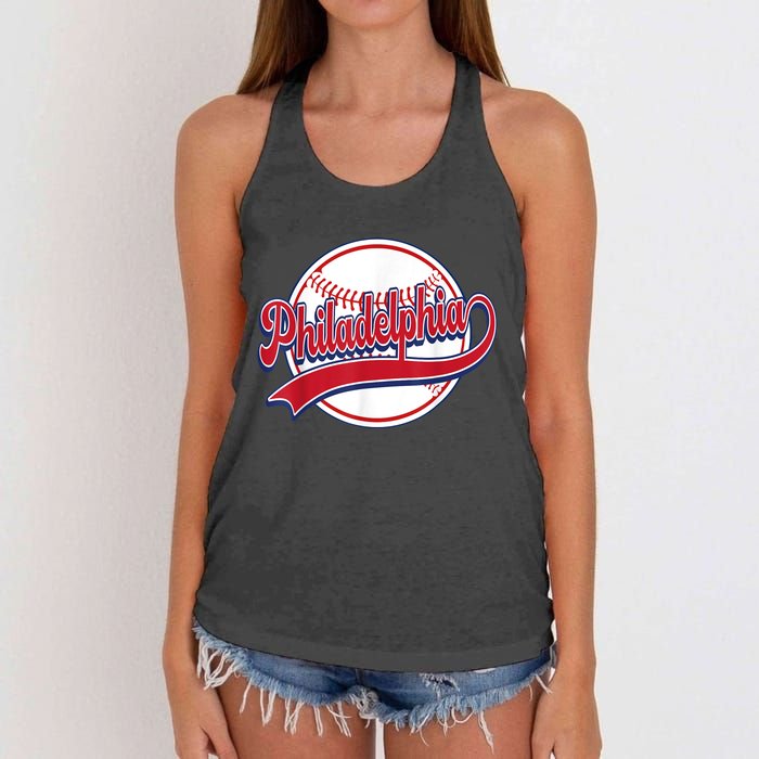 Vintage Philadelphia Cityscape Baseball Lover Player Fans Women's Knotted Racerback Tank