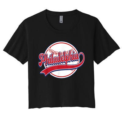 Vintage Philadelphia Cityscape Baseball Lover Player Fans Women's Crop Top Tee