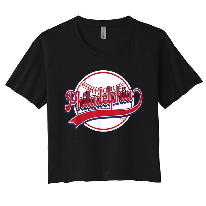 Vintage Philadelphia Cityscape Baseball Lover Player Fans Women's Crop Top Tee