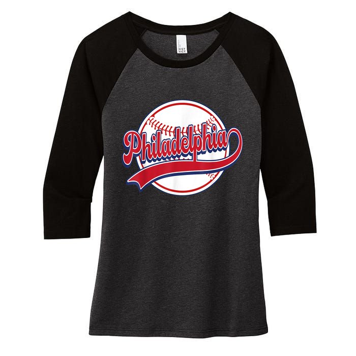 Vintage Philadelphia Cityscape Baseball Lover Player Fans Women's Tri-Blend 3/4-Sleeve Raglan Shirt