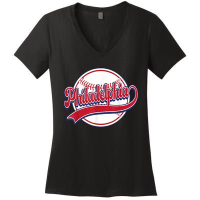 Vintage Philadelphia Cityscape Baseball Lover Player Fans Women's V-Neck T-Shirt