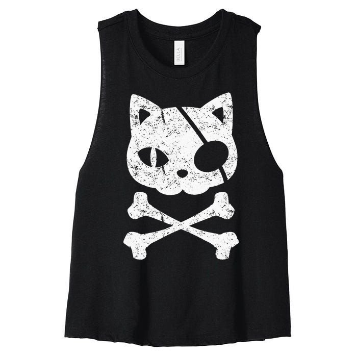 Vintage Pirate Cat Kitten Halloween Skull Cross Bones Women's Racerback Cropped Tank