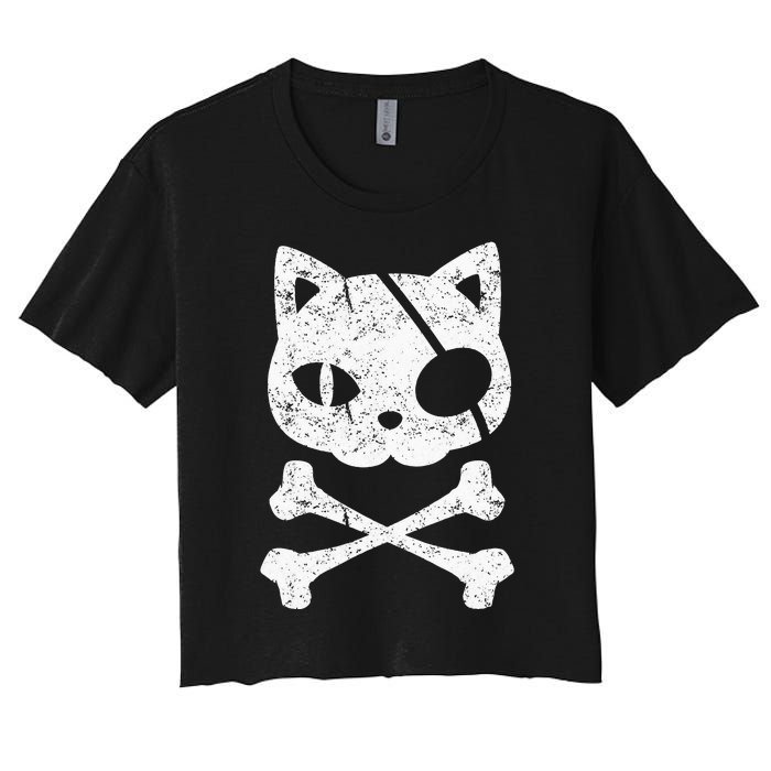 Vintage Pirate Cat Kitten Halloween Skull Cross Bones Women's Crop Top Tee