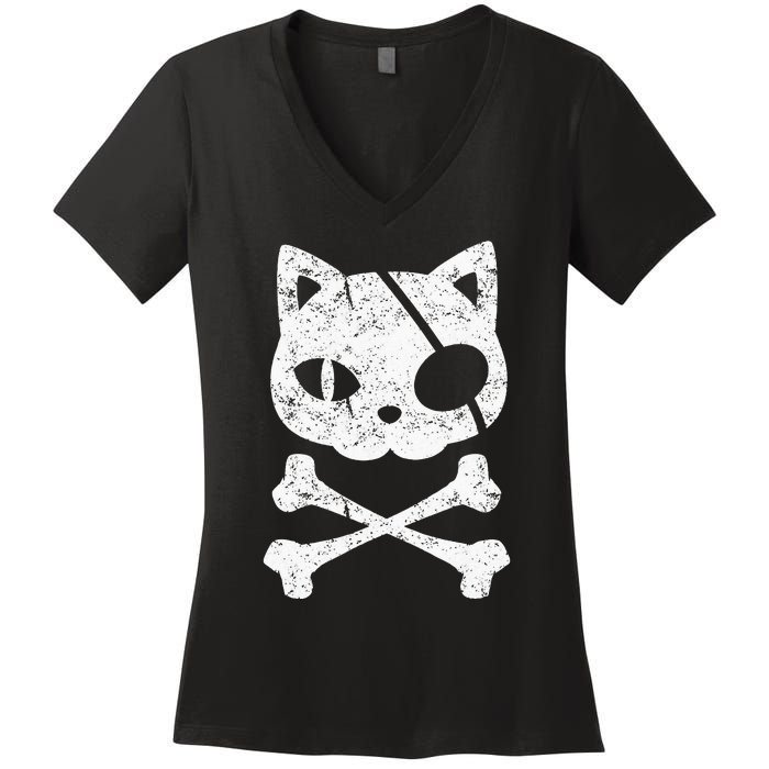 Vintage Pirate Cat Kitten Halloween Skull Cross Bones Women's V-Neck T-Shirt